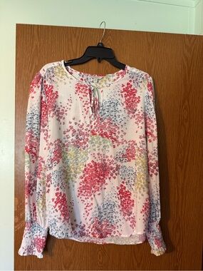 Lucky Brand White Floral Tie-Front Blouse with Pink & Blue Accents